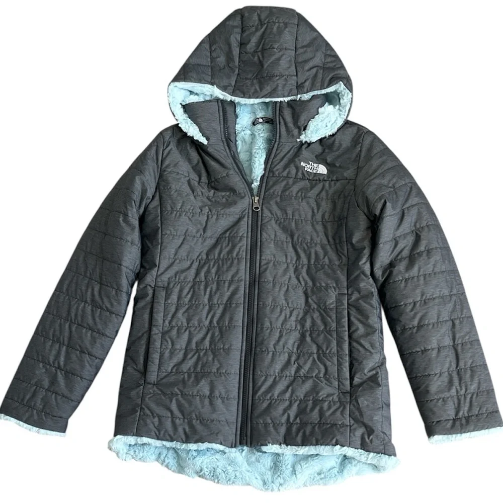 The North Face Mossbud Swirl Parka Jacket Coat Gray Starlight Blue Girls L 14/16